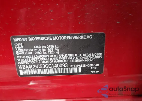 2016 BMW 428I Gran Coupe xDrive from USA, damaged, VIN WBA4C9C53GG140093